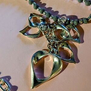 Silver Metal Shiny Multi Heart Long Pendant Necklace With Partial Beaded Chain